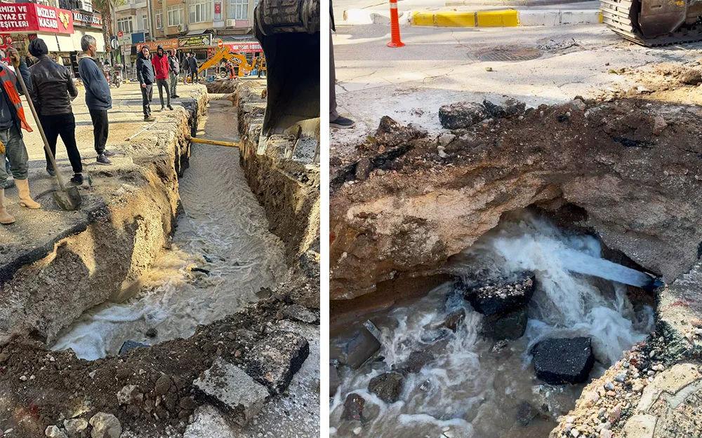 Erdek’te altyapı çalışmaları sırasında su borusu patladı