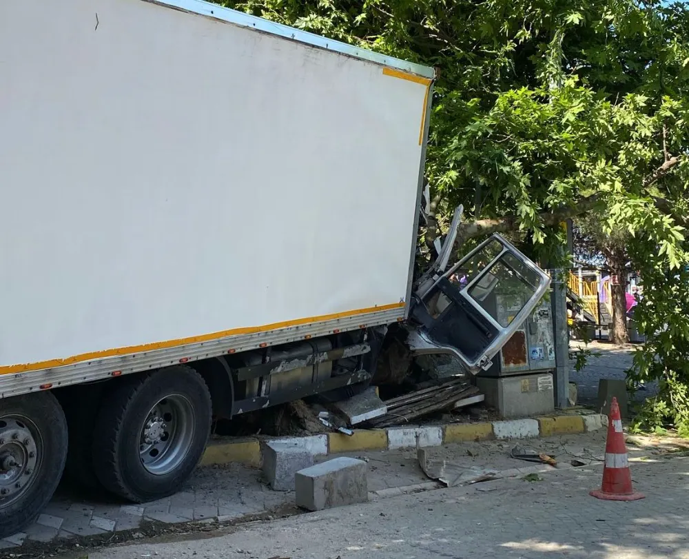 Erdek Ocaklar’da Kaza: Freni Patlayan Kamyon Ağaca Çarptı 
